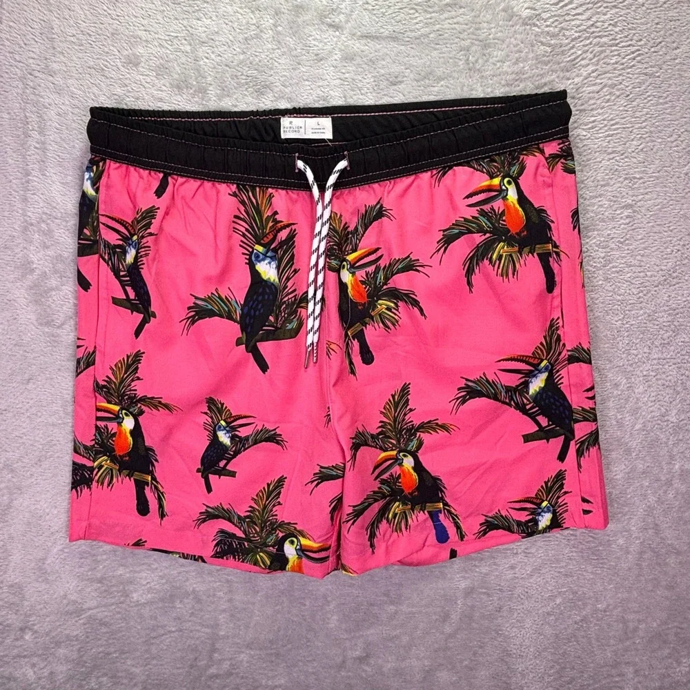 Public Record Mens Swim Shorts L Pink Toucan Birds of Paradise Tropical Trunks